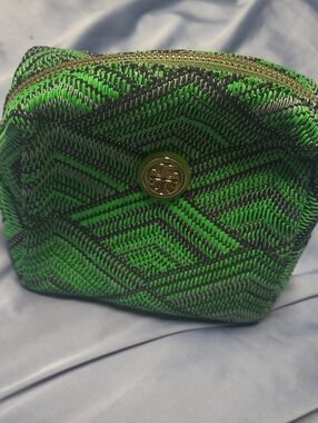 Tory Burch Neon Green and Black Woven Cosmetic Pouch with Gold Logo